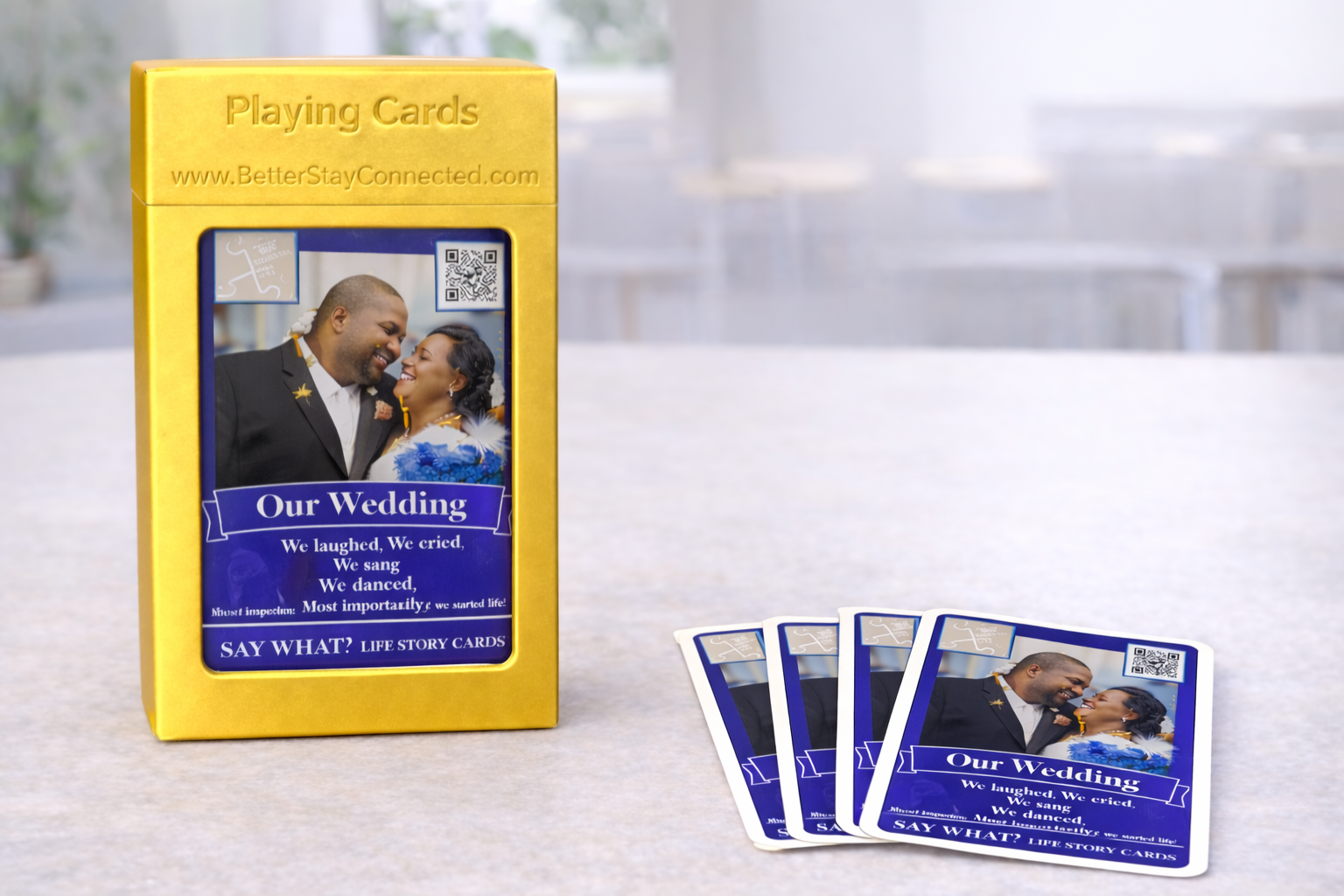 Say What? : A Better Stay Connected game that encourages sharing memories through laughter and life stories based on photos you select. Finished in a gold durable long lasting case. Step 1) Select up to 45 pictures Step 2) Select from custom Better Stay Connected options to gamify your personalized life story game Step 3) Play and enjoy one another's memories as you laugh.