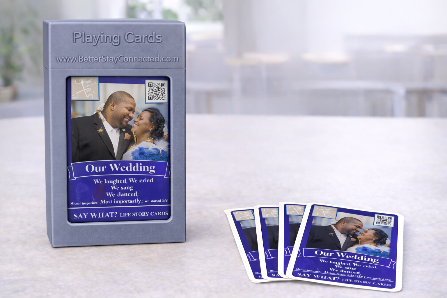 Say What? : A Better Stay Connected game that encourages sharing memories through laughter and life stories based on photos you select. Finished in a grey durable long lasting case. Step 1) Select up to 45 pictures Step 2) Select from custom Better Stay Connected options to gamify your personalized life story game Step 3) Play and enjoy one another's memories as you laugh.