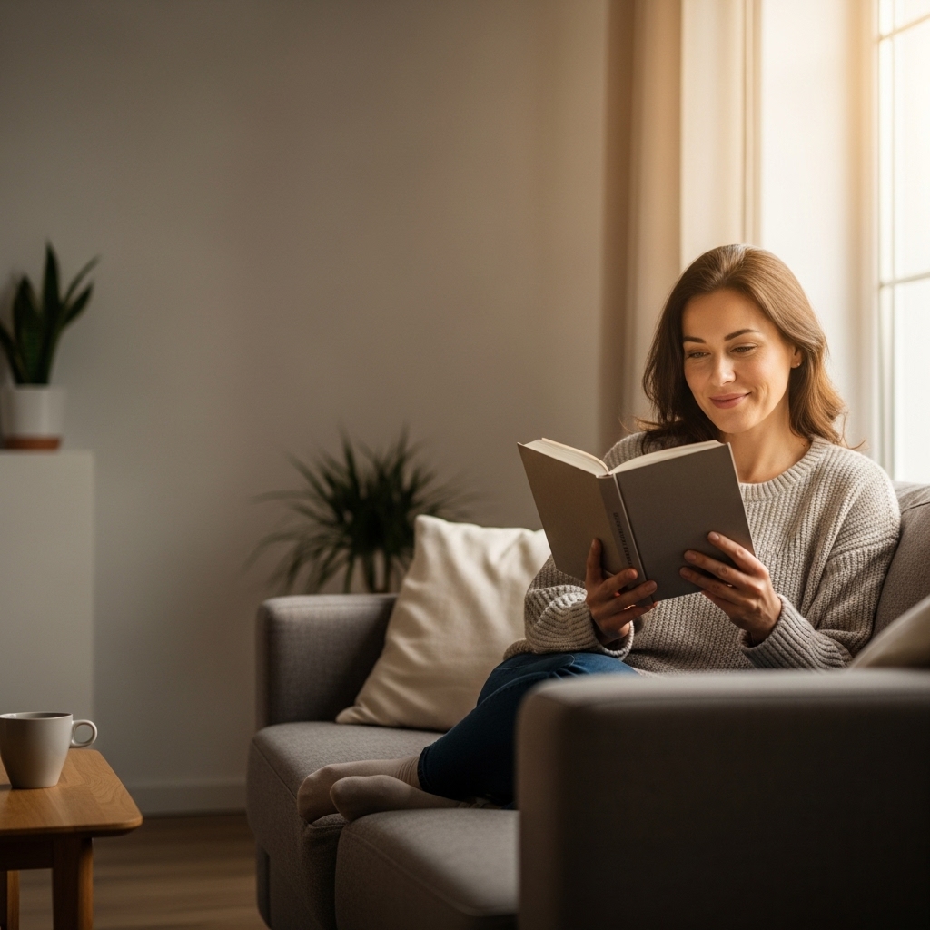 Woman reading a handwritten memoir on the couch