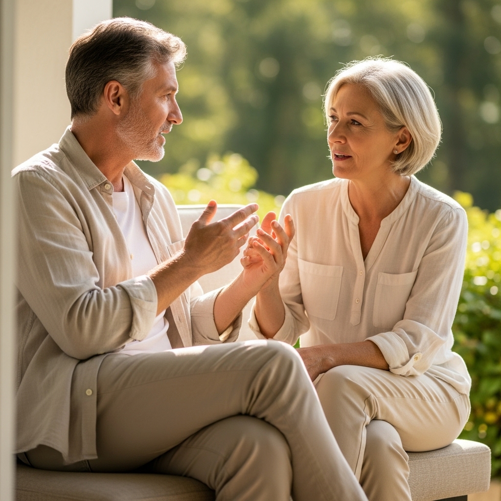 Two friends having a meaningful conversation on a porch