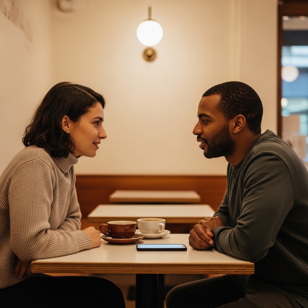 Two people having an engaged conversation at a cafe